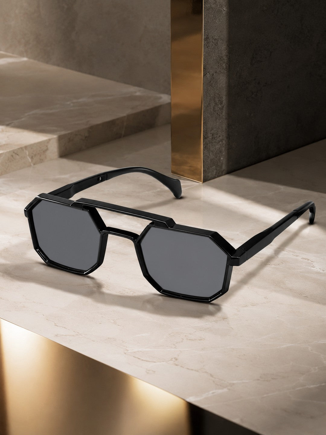 Prime Grey Geometric Hexagonal One Size Plastic UV Sunglasses-OL115GY