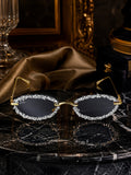 Celebrity Black Gold-Toned Metal Rimless UV Protected  Crystal Oval Sunglasses For Women CL154BK