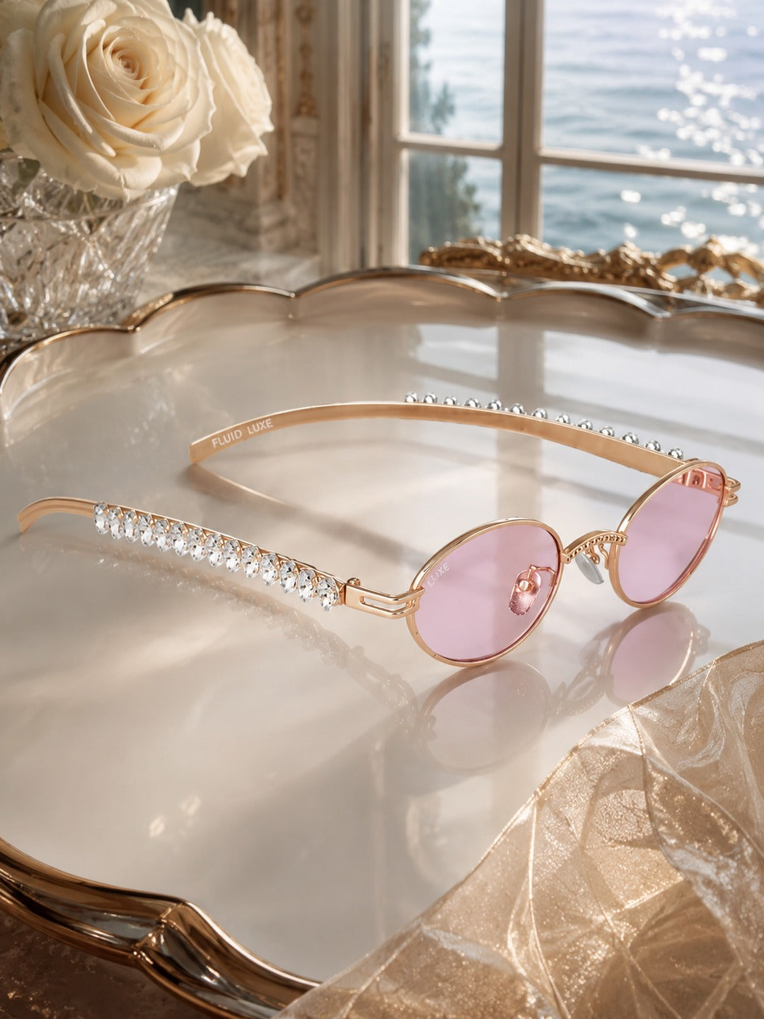 Celebrity Pink Gold-Toned Metal Rimless UV Protected  Oval Luxe Sunglasses For Women CL116PK