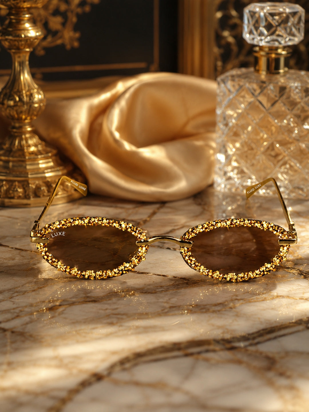 Celebrity Brown Gold-Toned Metal Rimless UV Protected  Crystal Oval Sunglasses For Women CL155BR