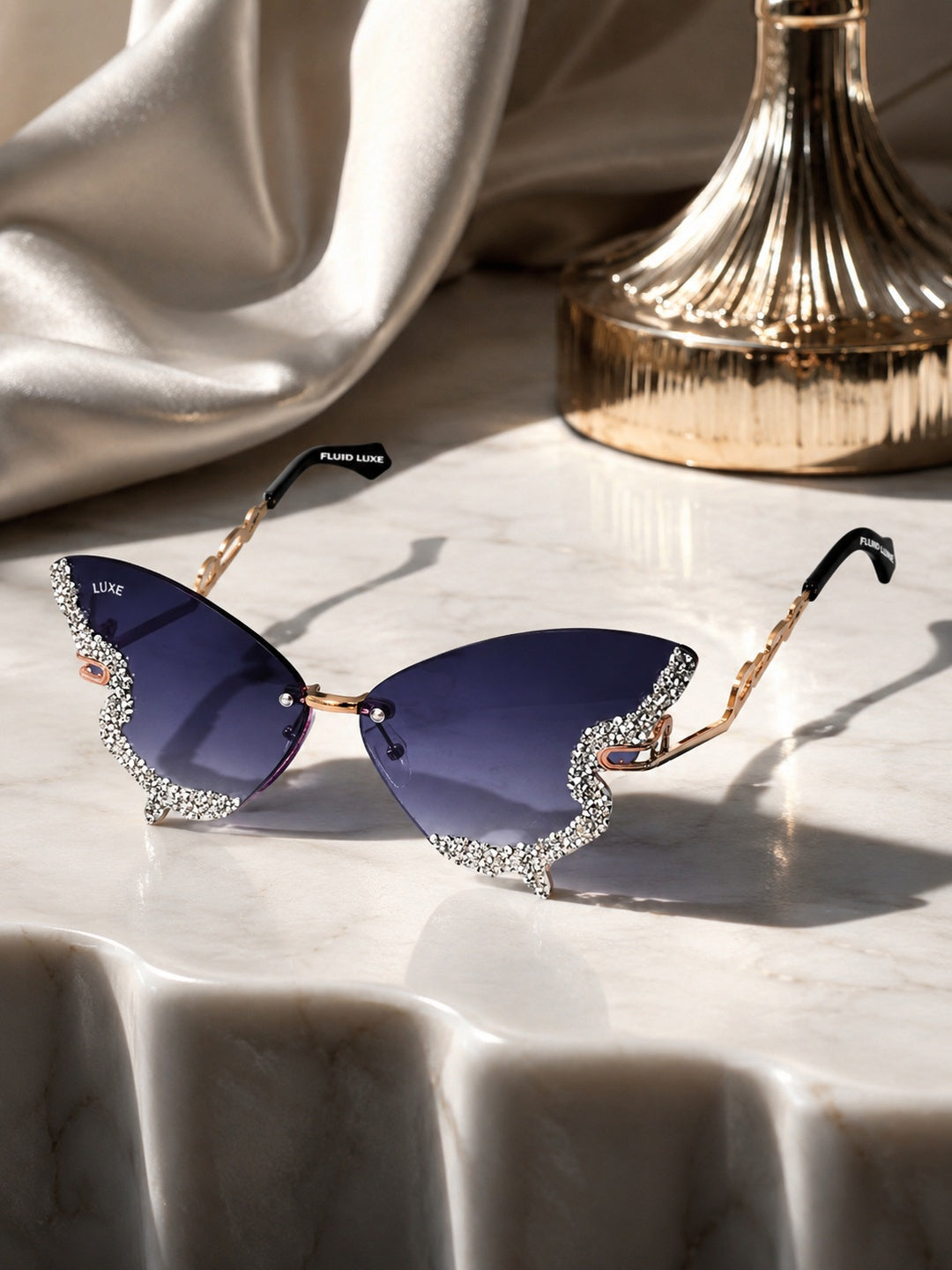 Celebrity Black Gold-Toned Metal Rimless UV Protected  Butterfly Wing Sunglasses For Women CL119GD-BK