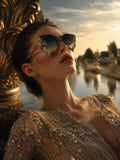 Celebrity Blue Gold-Toned Metal Rimless UV Protected  Butterfly Wing Sunglasses For Women CL120GD-BL