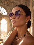 Celebrity Purple Gold-Toned Metal Rimless UV Protected  Butterfly Wing Sunglasses For Women CL123GD-PR